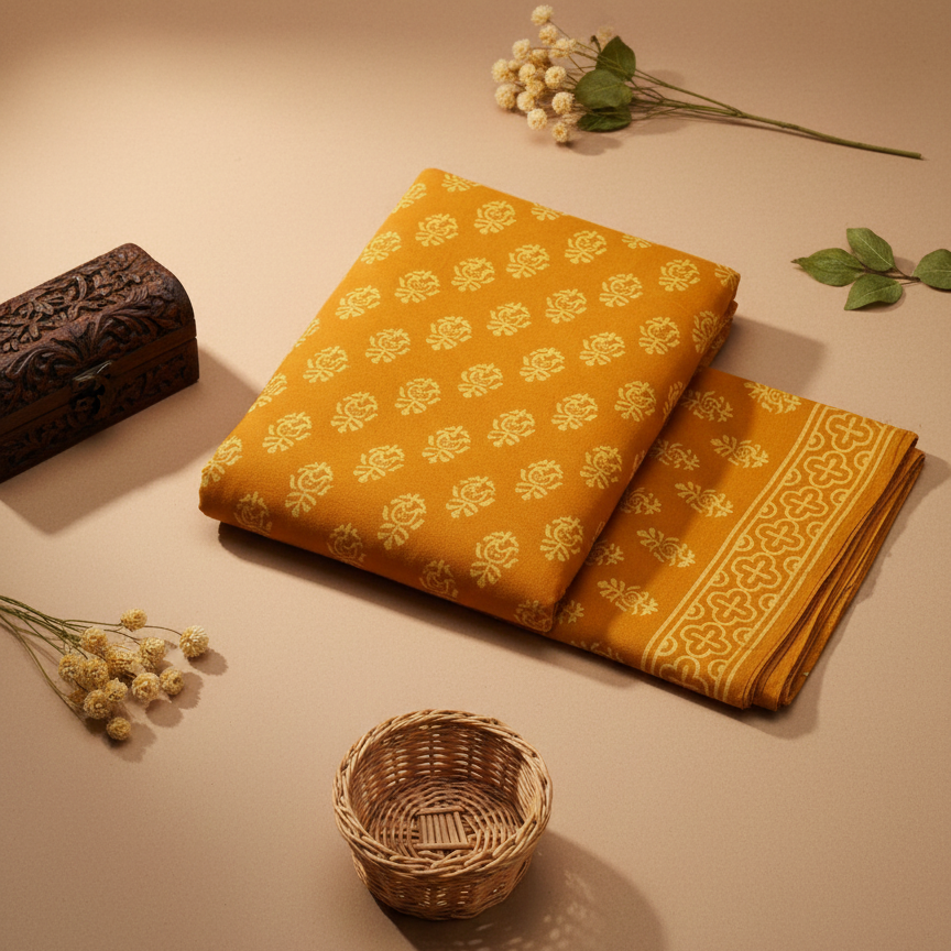 Yellow fabric with floral patterns on a beige surface with decorative elements.