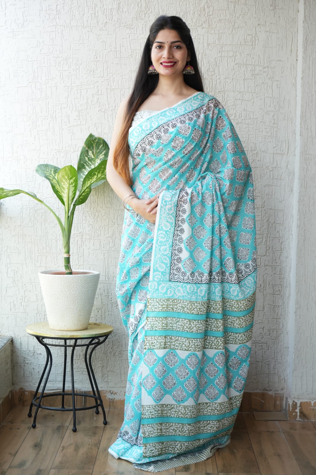 Hand block printed pure cotton mulmul saree