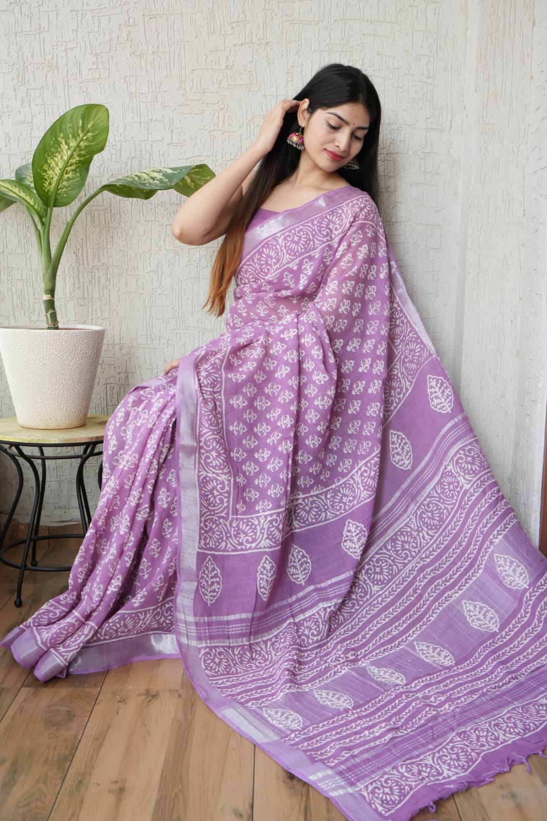 Hand block printed pure linen saree