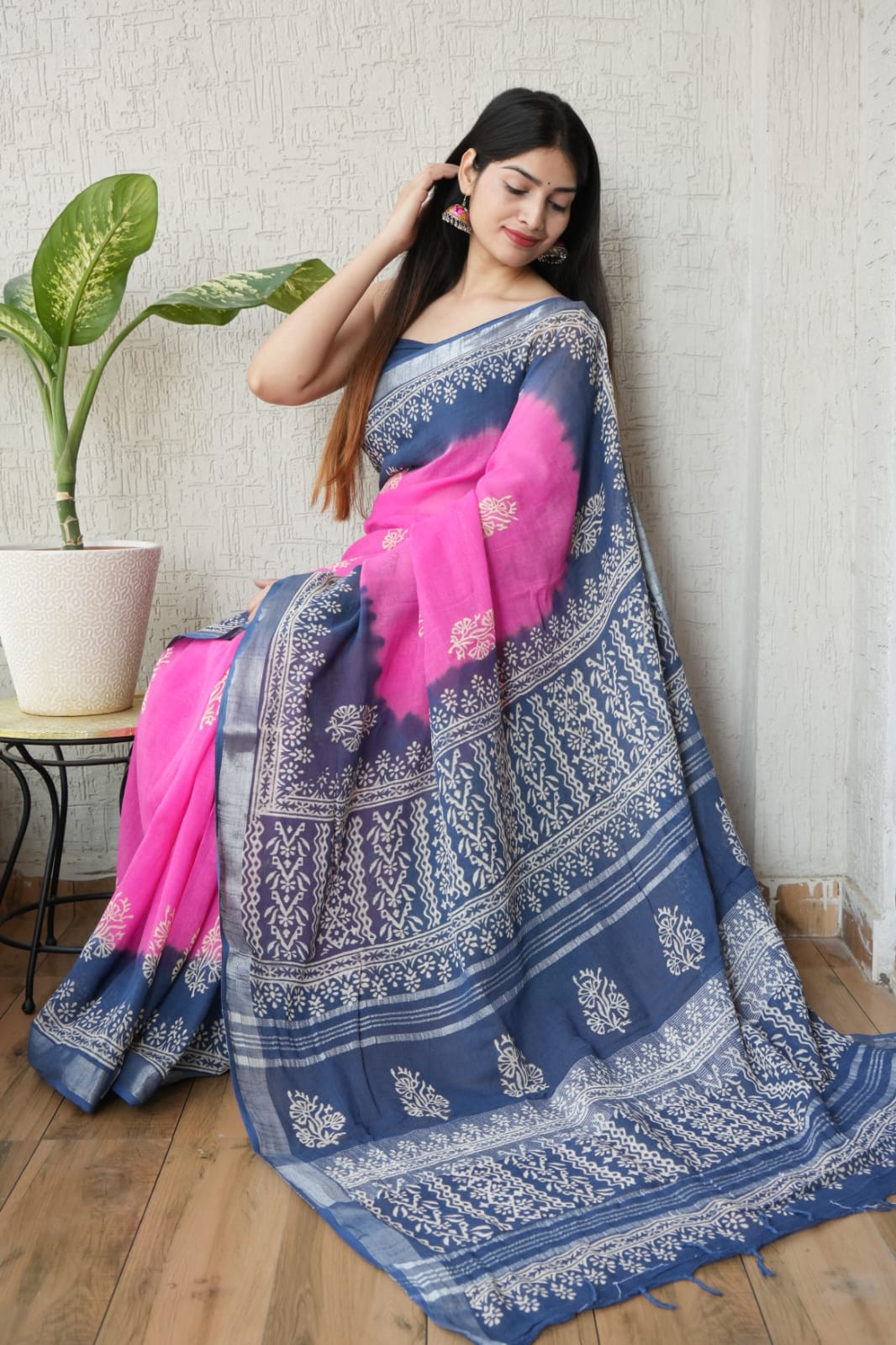 Hand block printed pure linen saree