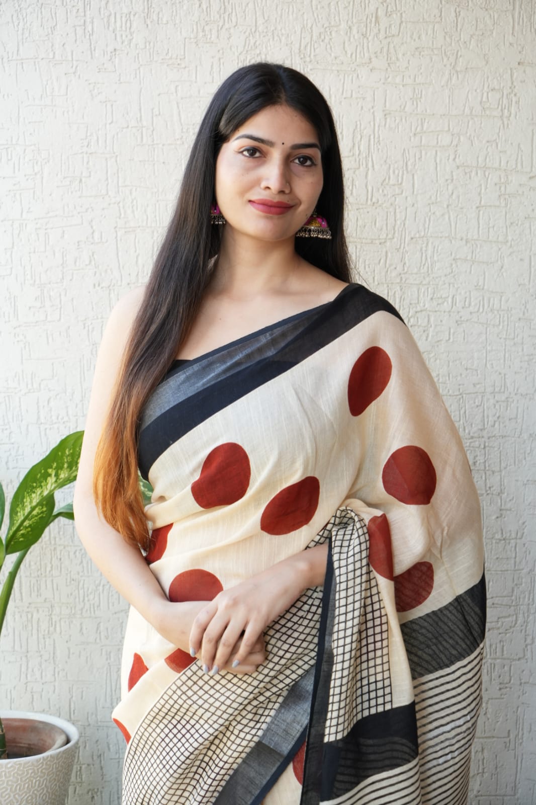 Hand block printed pure linen saree