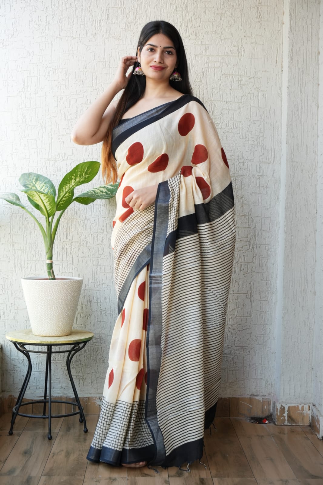 Hand block printed pure linen saree
