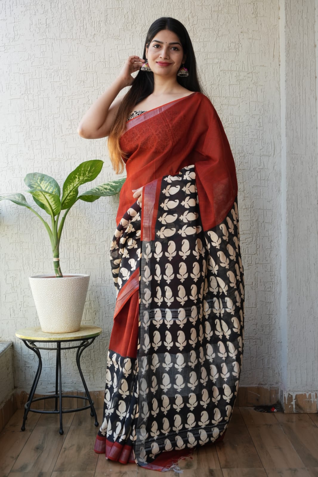 Hand block printed pure linen saree