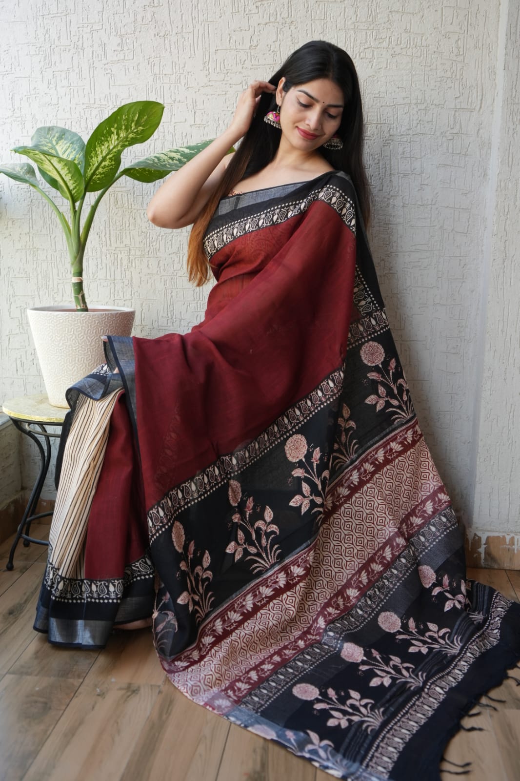 Hand block printed pure linen saree