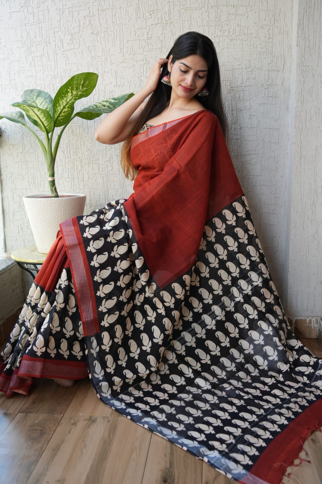 Hand block printed pure linen saree