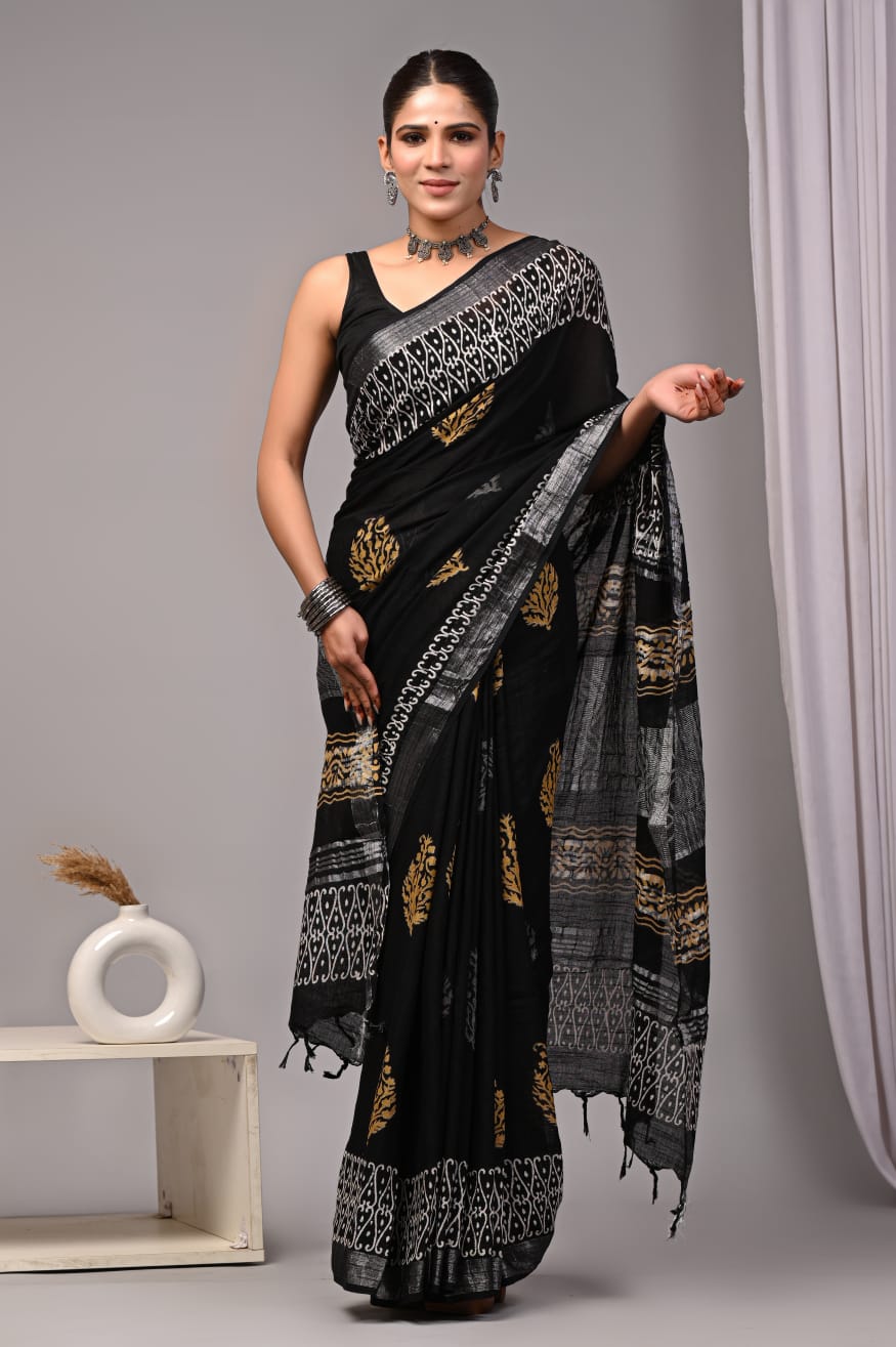 Hand block printed pure linen saree