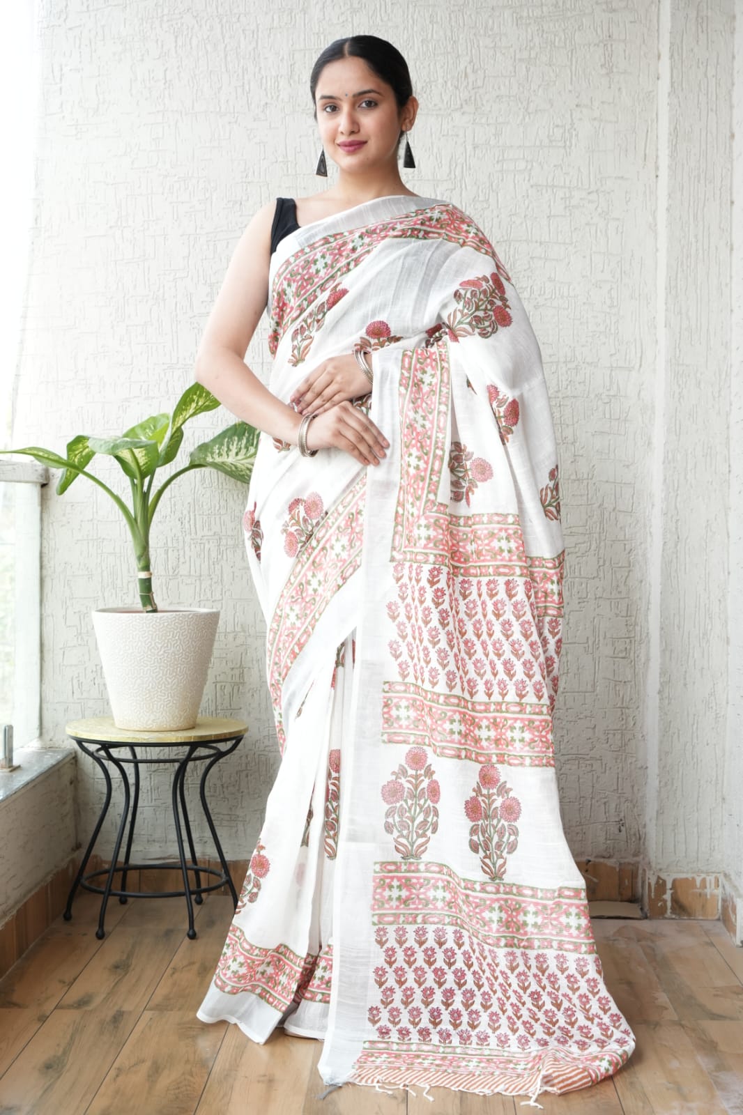 Hand block printed pure linen saree