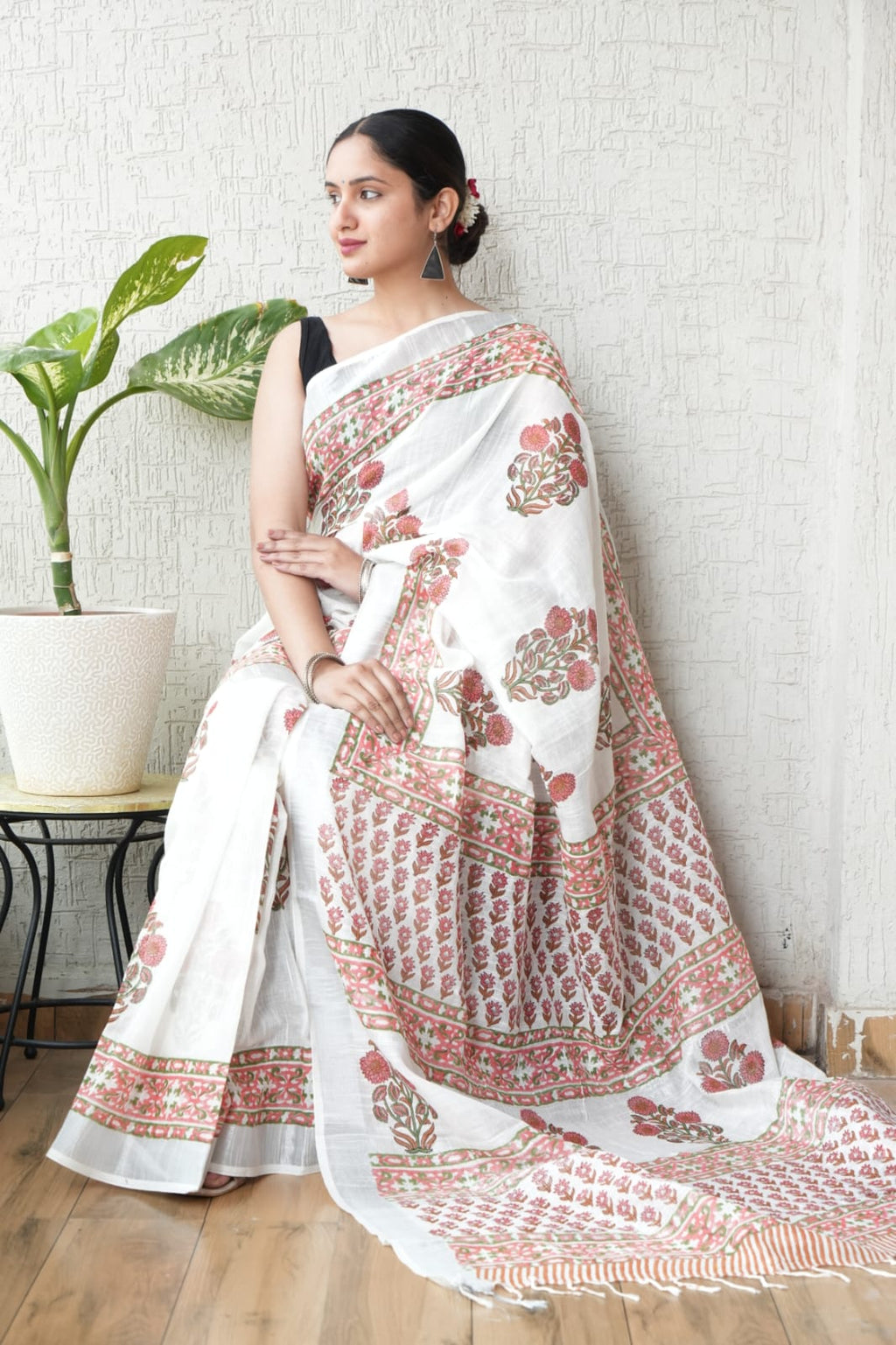 Hand block printed pure linen saree