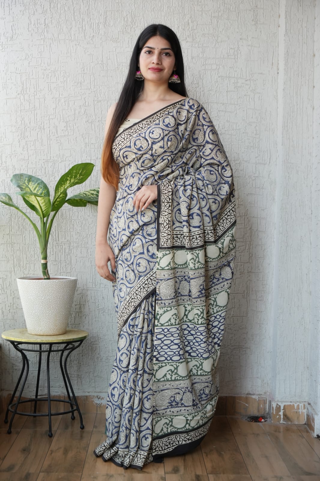 Hand block printed pure cotton mulmul saree