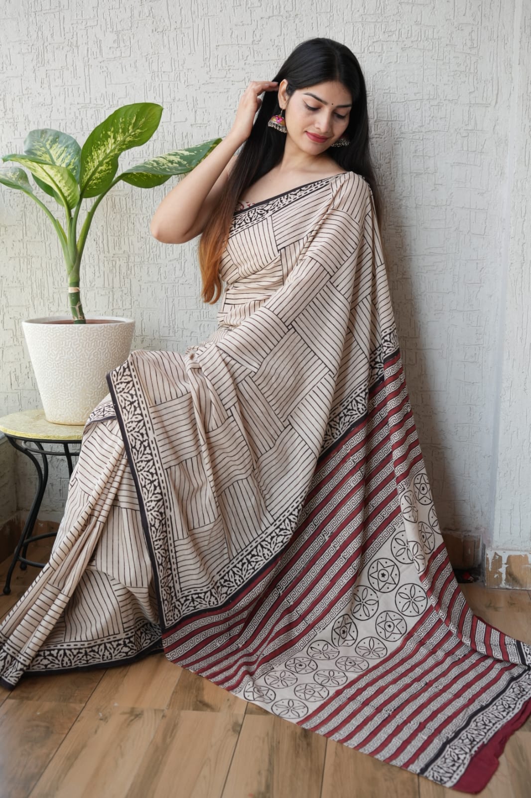 Hand block printed pure cotton mulmul saree