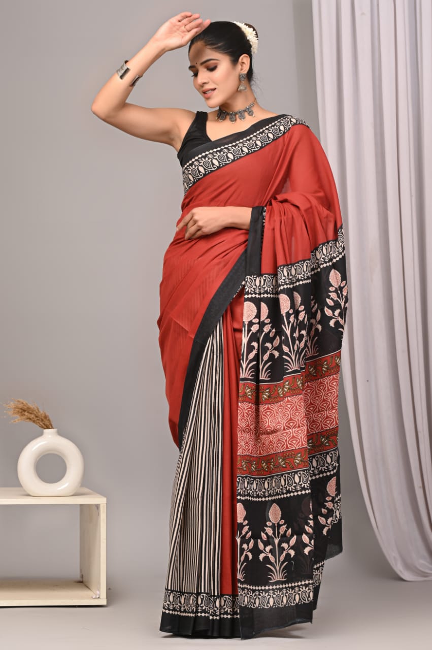 Hand block printed pure cotton mulmul saree