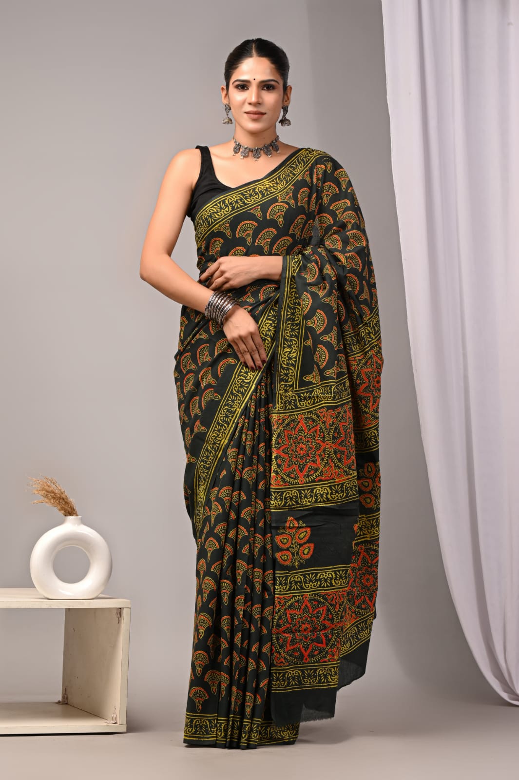Hand block printed pure cotton mulmul saree