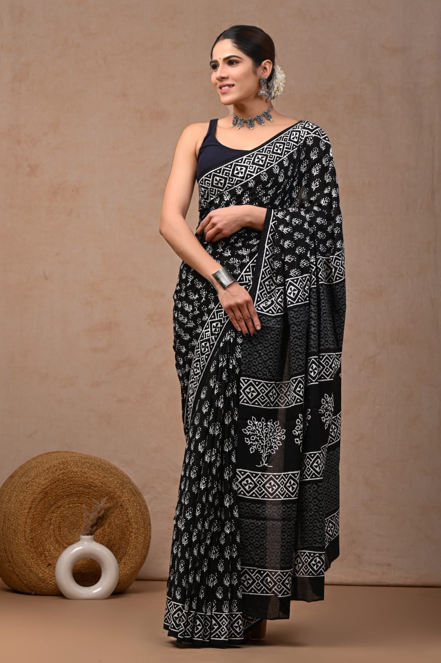 Hand block printed pure cotton mulmul saree