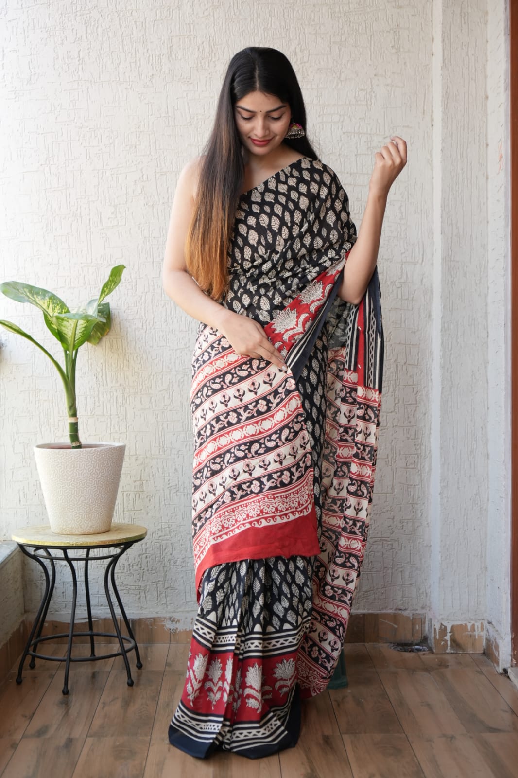Hand block printed pure cotton mulmul saree