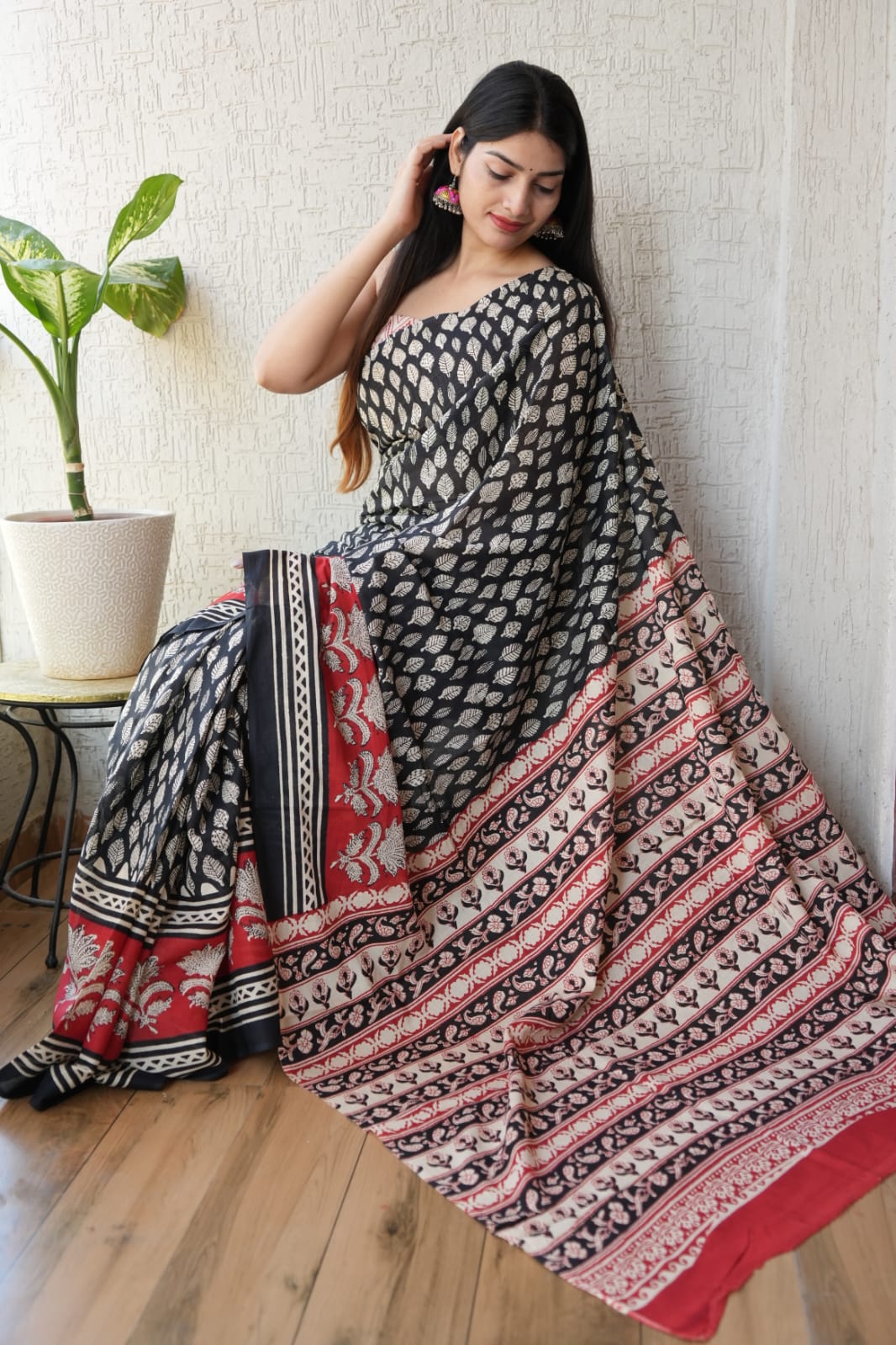 Hand block printed pure cotton mulmul saree