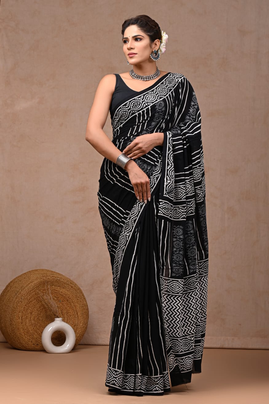 Hand block printed pure cotton mulmul saree