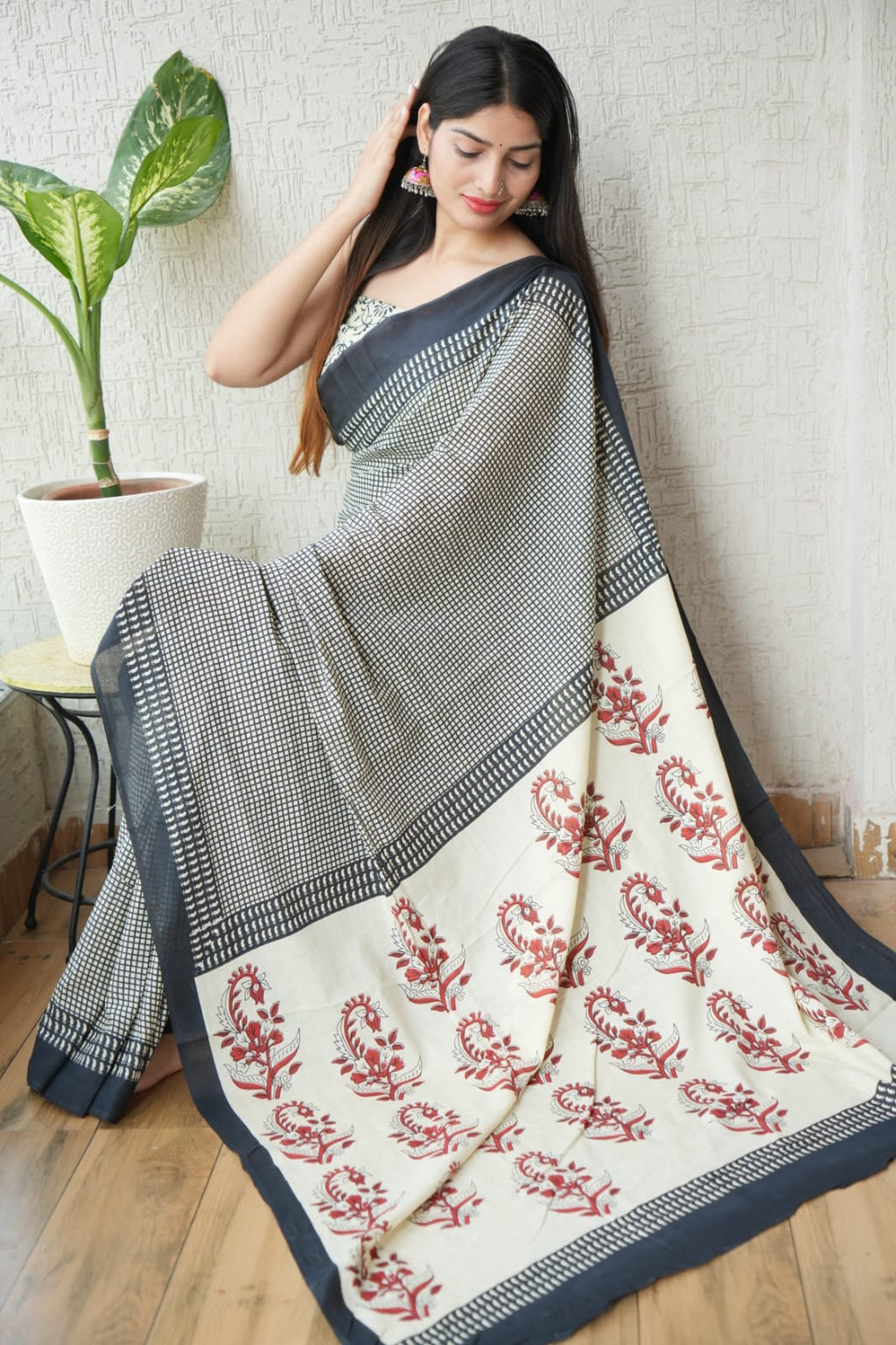 Hand block printed pure cotton mulmul saree