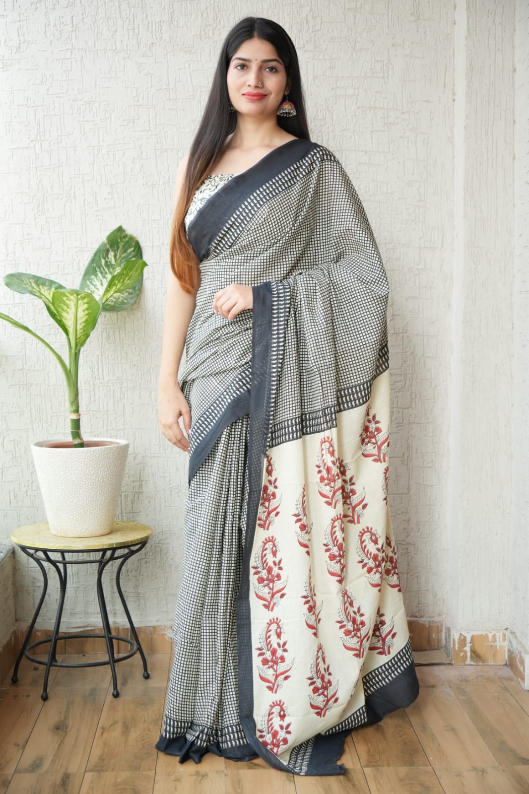 Hand block printed pure cotton mulmul saree