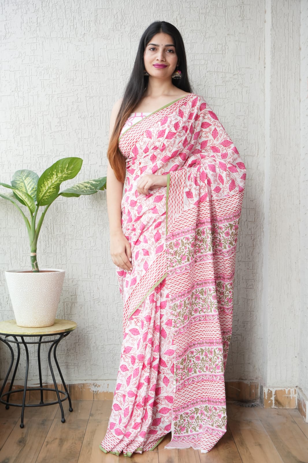 Hand block printed pure cotton mulmul saree